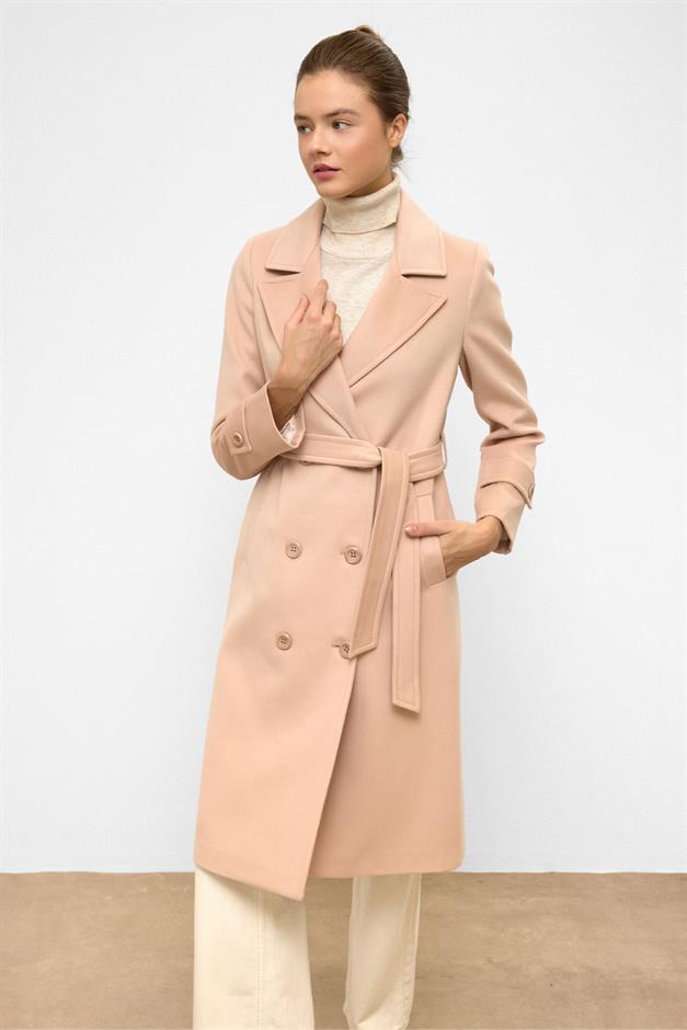 معطف متوسط الطول ذو صدر مزدوج ورباط على الخصر مسحوق 3987-Y
