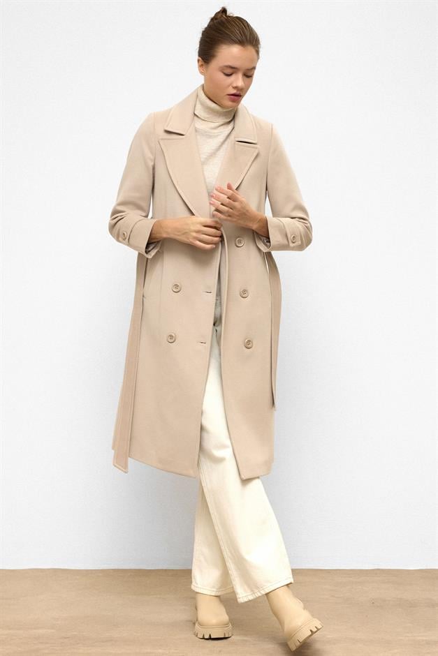 معطف متوسط الطول ذو صدر مزدوج ورباط على الخصر حجر 3987-Y