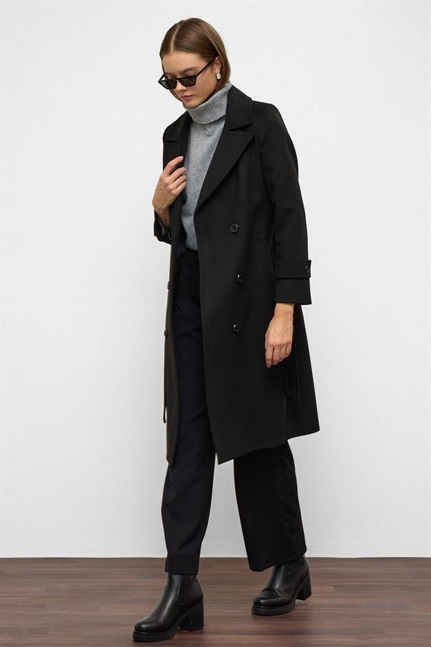 معطف متوسط الطول ذو صدر مزدوج ورباط على الخصر أسود 3987-Y