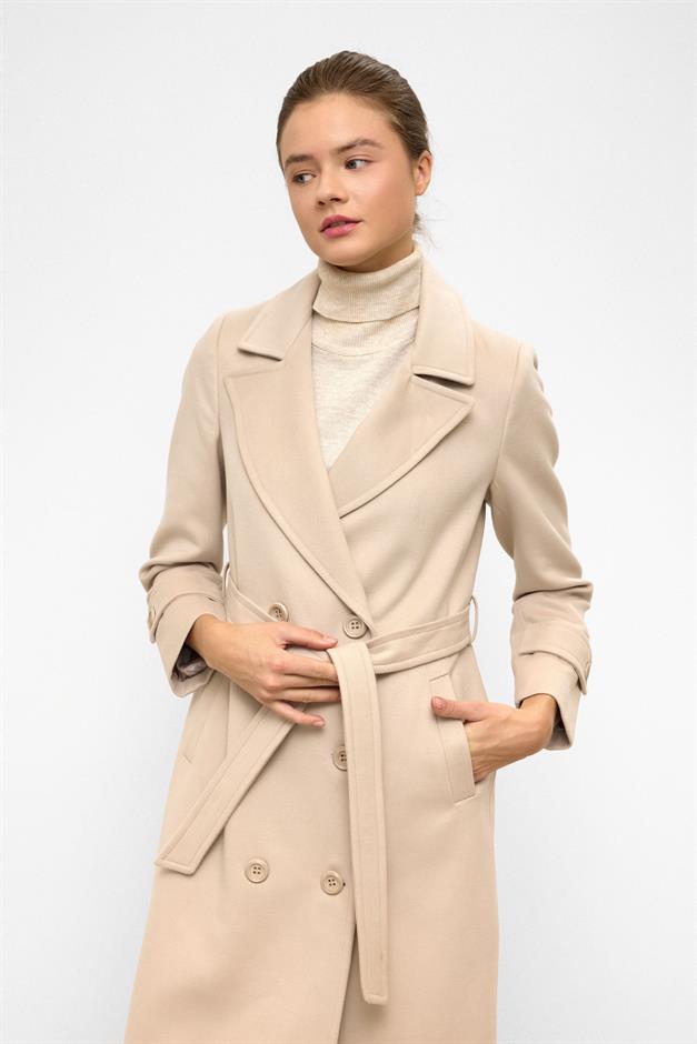 معطف متوسط الطول ذو صدر مزدوج ورباط على الخصر حجر 3987-Y