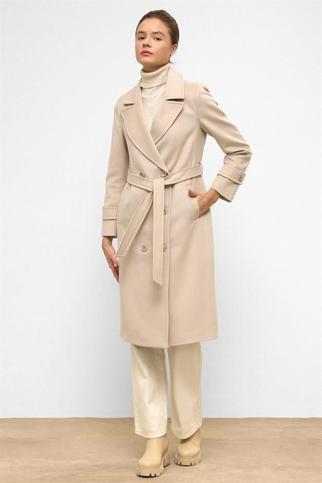 معطف متوسط الطول ذو صدر مزدوج ورباط على الخصر حجر 3987-Y