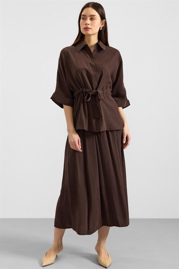 Belden Büzgülü Truvakar Kollu Modal Gömlek KAHVE 9409