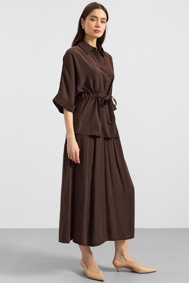 Belden Büzgülü Truvakar Kollu Modal Gömlek KAHVE 9409
