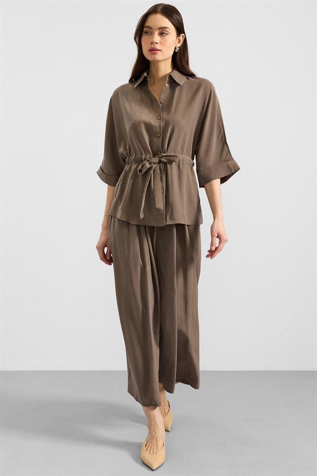 Belden Büzgülü Truvakar Kollu Modal Gömlek HAKİ 9409