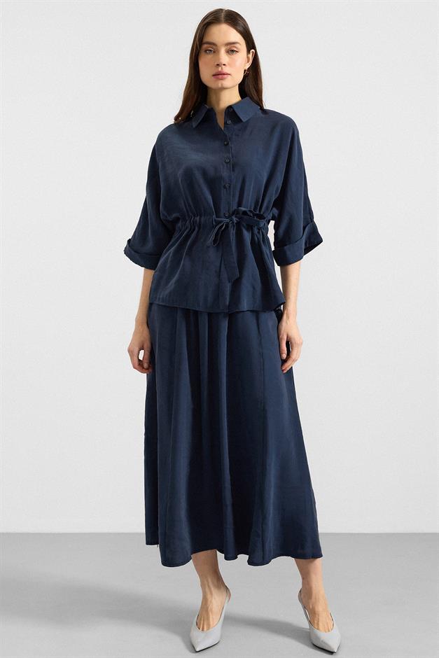 Belden Büzgülü Truvakar Kollu Modal Gömlek LACİVERT 9409