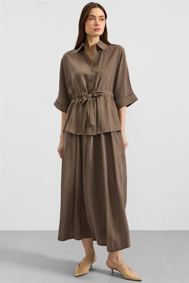 Belden Büzgülü Truvakar Kollu Modal Gömlek HAKİ 9409