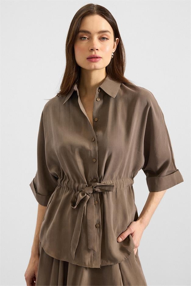 Belden Büzgülü Truvakar Kollu Modal Gömlek HAKİ 9409