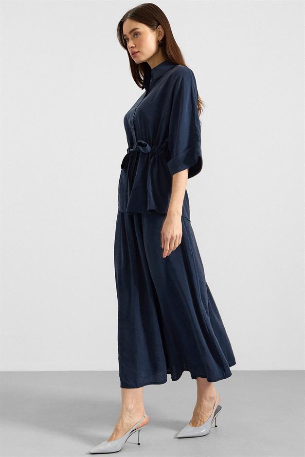 Belden Büzgülü Truvakar Kollu Modal Gömlek LACİVERT 9409