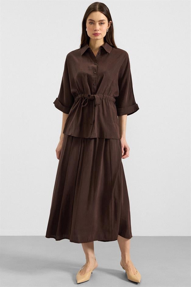 Belden Büzgülü Truvakar Kollu Modal Gömlek KAHVE 9409