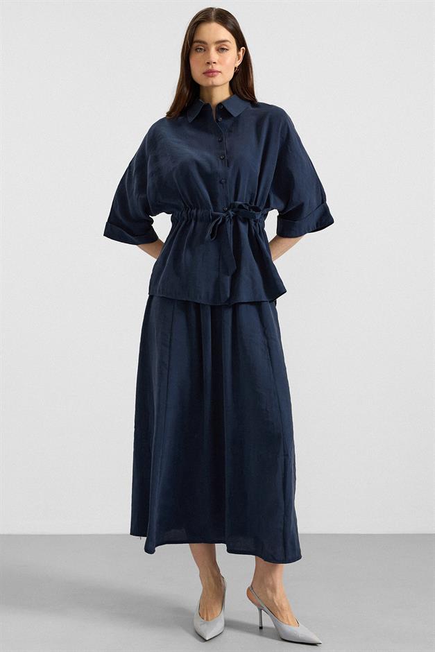 Belden Büzgülü Truvakar Kollu Modal Gömlek LACİVERT 9409