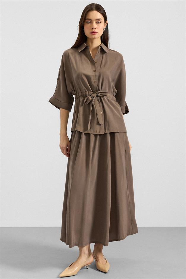 Belden Büzgülü Truvakar Kollu Modal Gömlek HAKİ 9409