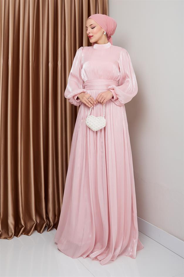 فستان سهرة حريري من يوريو للحجاب مع حزام خصر وتفاصيل مجمعة مسحوق 1225