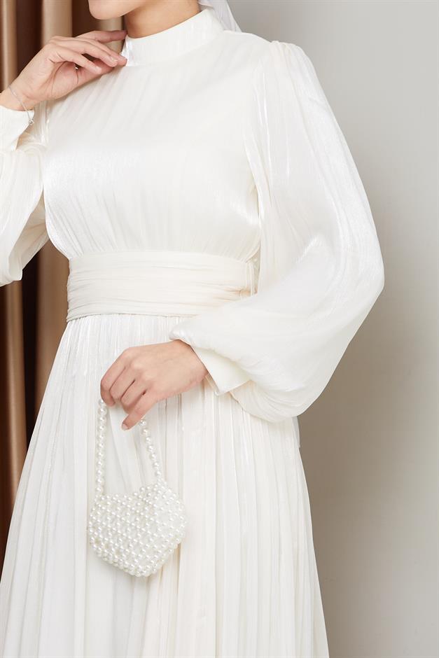 فستان سهرة حريري من يوريو للحجاب مع حزام خصر وتفاصيل مجمعة وحدة التحكم الإلكترونية 1225