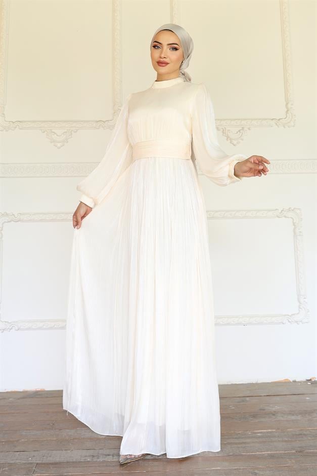 فستان سهرة حريري من يوريو للحجاب مع حزام خصر وتفاصيل مجمعة العاج 1225