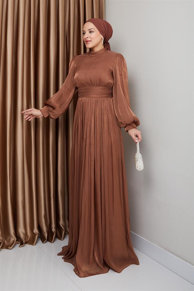 فستان سهرة حريري من يوريو للحجاب مع حزام خصر وتفاصيل مجمعة التبغ 1225