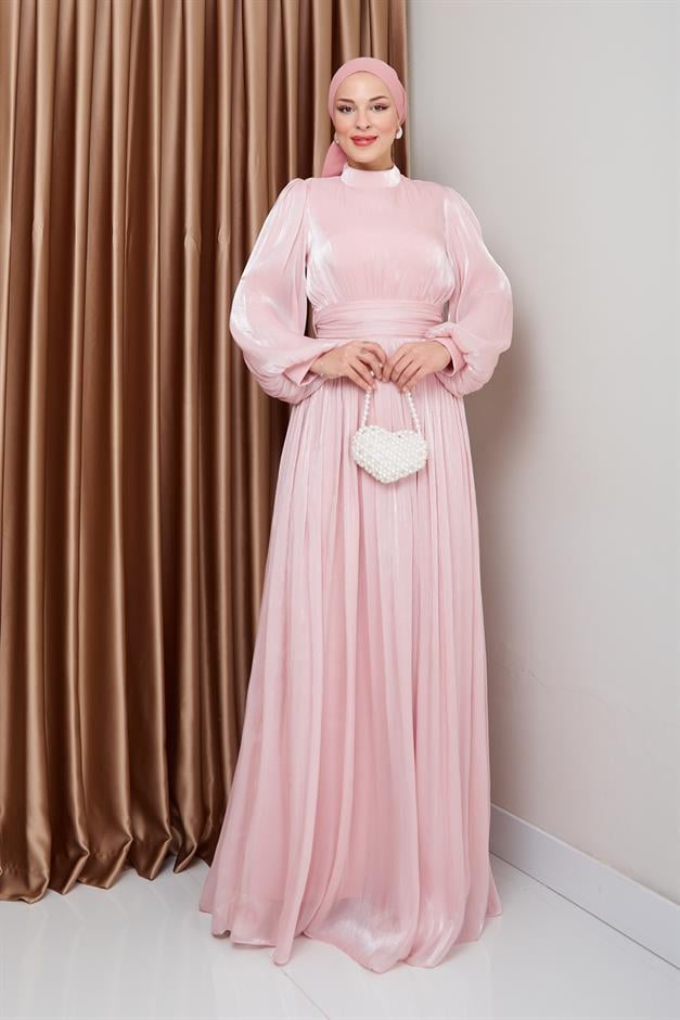 فستان سهرة حريري من يوريو للحجاب مع حزام خصر وتفاصيل مجمعة مسحوق 1225