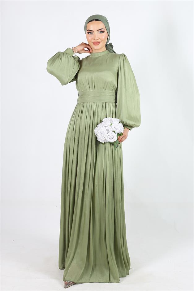 فستان سهرة حريري من يوريو للحجاب مع حزام خصر وتفاصيل مجمعة كاجلا 1225