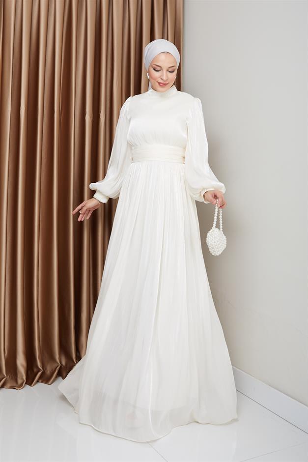 فستان سهرة حريري من يوريو للحجاب مع حزام خصر وتفاصيل مجمعة وحدة التحكم الإلكترونية 1225