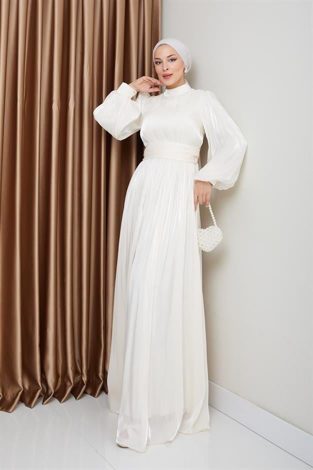 فستان سهرة حريري من يوريو للحجاب مع حزام خصر وتفاصيل مجمعة وحدة التحكم الإلكترونية 1225