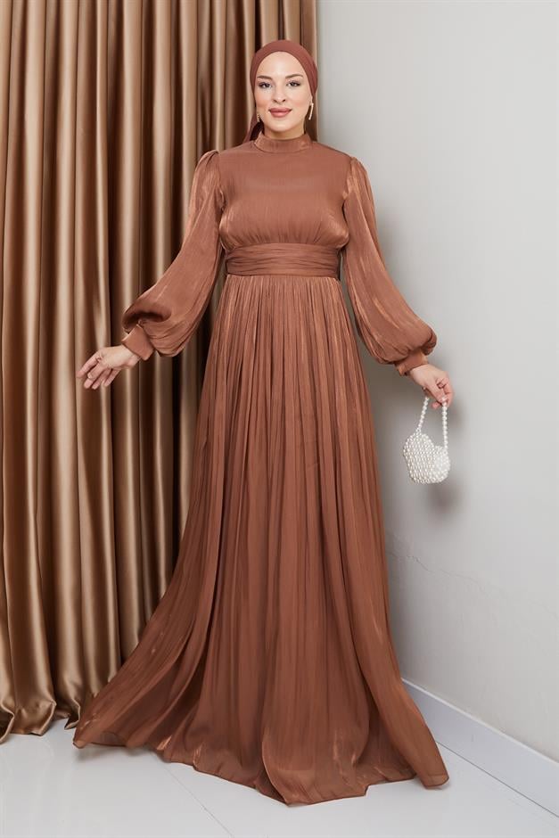 فستان سهرة حريري من يوريو للحجاب مع حزام خصر وتفاصيل مجمعة التبغ 1225