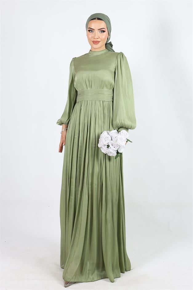 فستان سهرة حريري من يوريو للحجاب مع حزام خصر وتفاصيل مجمعة كاجلا 1225