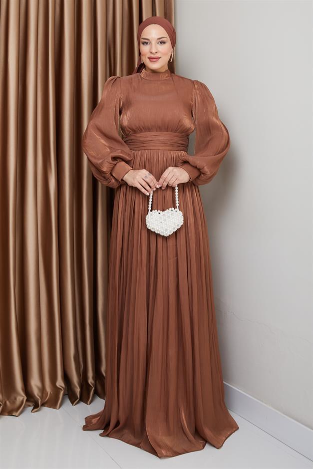 فستان سهرة حريري من يوريو للحجاب مع حزام خصر وتفاصيل مجمعة التبغ 1225