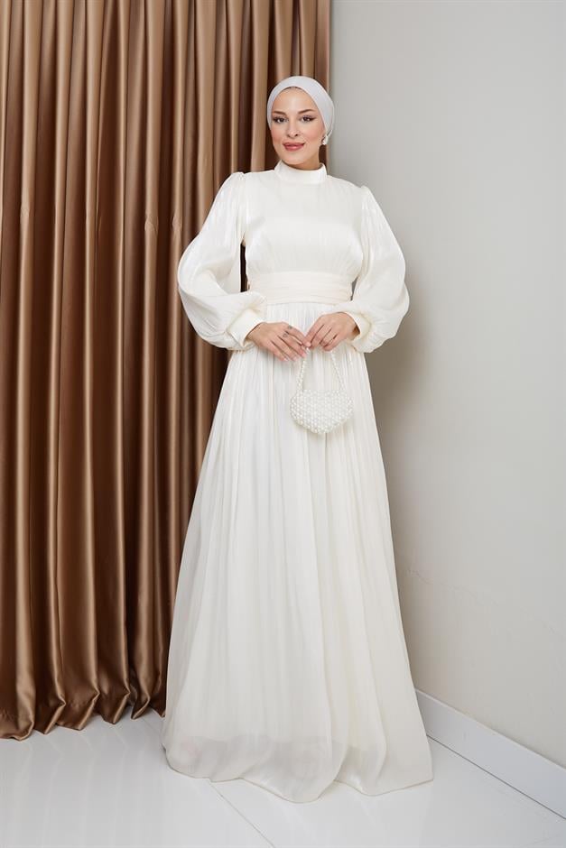 فستان سهرة حريري من يوريو للحجاب مع حزام خصر وتفاصيل مجمعة وحدة التحكم الإلكترونية 1225