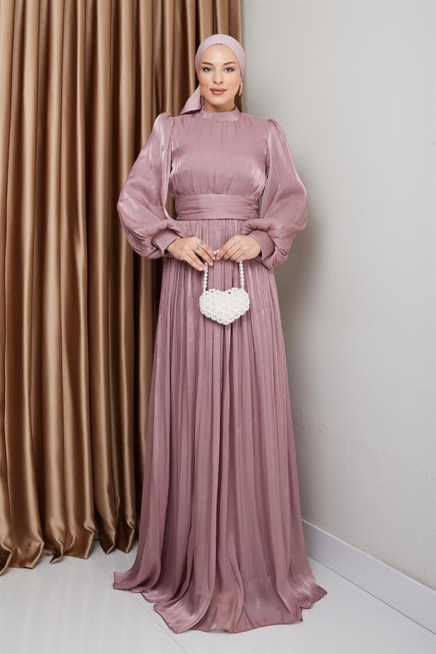 فستان سهرة حريري من يوريو للحجاب مع حزام خصر وتفاصيل مجمعة وَردَة 1225