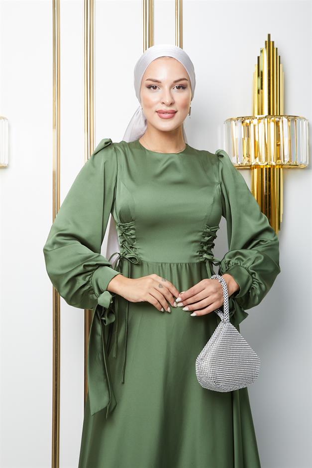 فستان سهرة حجاب واسع مع تفاصيل خصر مربوط وفتحة أكمام أخضر فاتح 1673