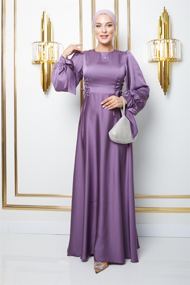 فستان سهرة حجاب واسع مع تفاصيل خصر مربوط وفتحة أكمام ك. ليلا 1673