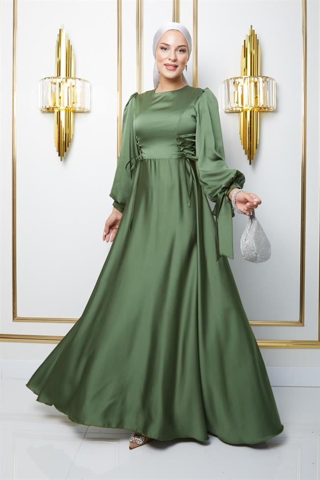 فستان سهرة حجاب واسع مع تفاصيل خصر مربوط وفتحة أكمام أخضر فاتح 1673