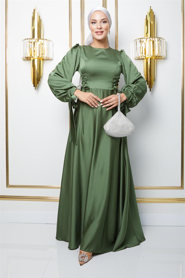 فستان سهرة حجاب واسع مع تفاصيل خصر مربوط وفتحة أكمام أخضر فاتح 1673