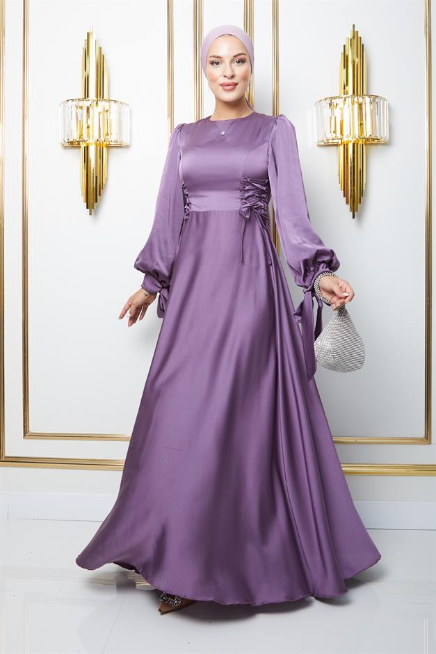 فستان سهرة حجاب واسع مع تفاصيل خصر مربوط وفتحة أكمام ك. ليلا 1673