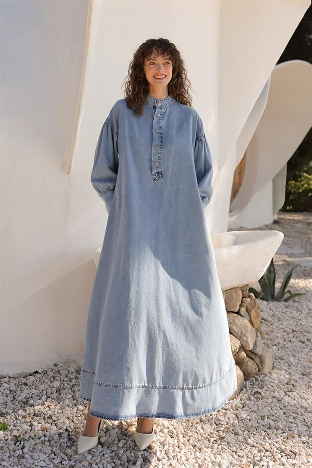 Oversized Denim Dress with Waist Tie Detail BLUE 9268-E