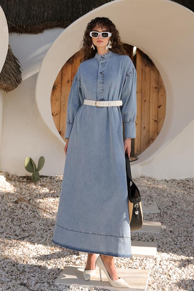 Oversized Denim Dress with Waist Tie Detail BLUE 9268-E