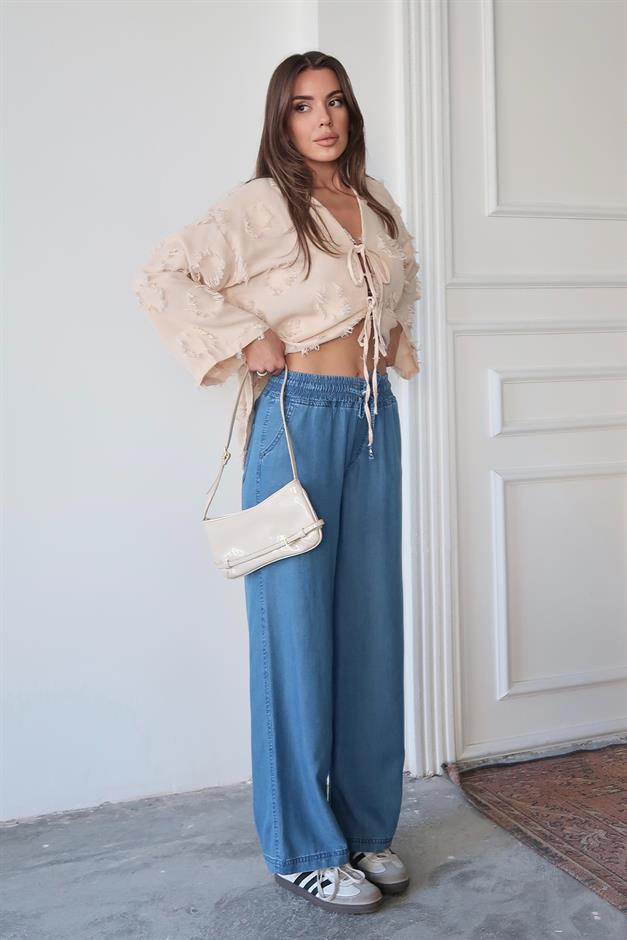 بنطلون ليوسيل بقصّة مريحة مع رباط على الخصر أزرق 7585