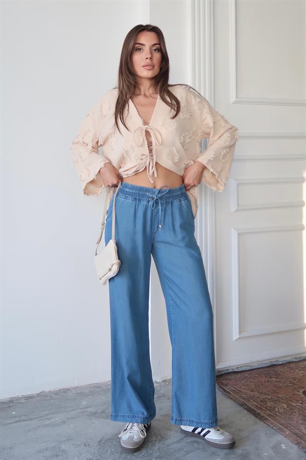 بنطلون ليوسيل بقصّة مريحة مع رباط على الخصر أزرق 7585