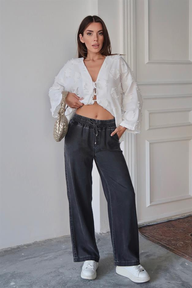 بنطلون ليوسيل بقصّة مريحة مع رباط على الخصر أنثراسايت 7585