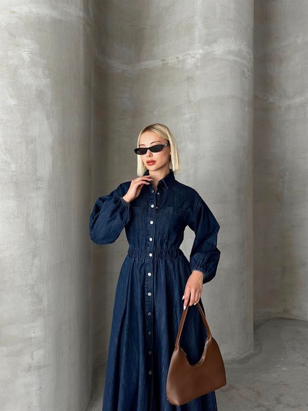Denim Dress with Pleated Waist and Snap Closure DARK BLUE 9249-E