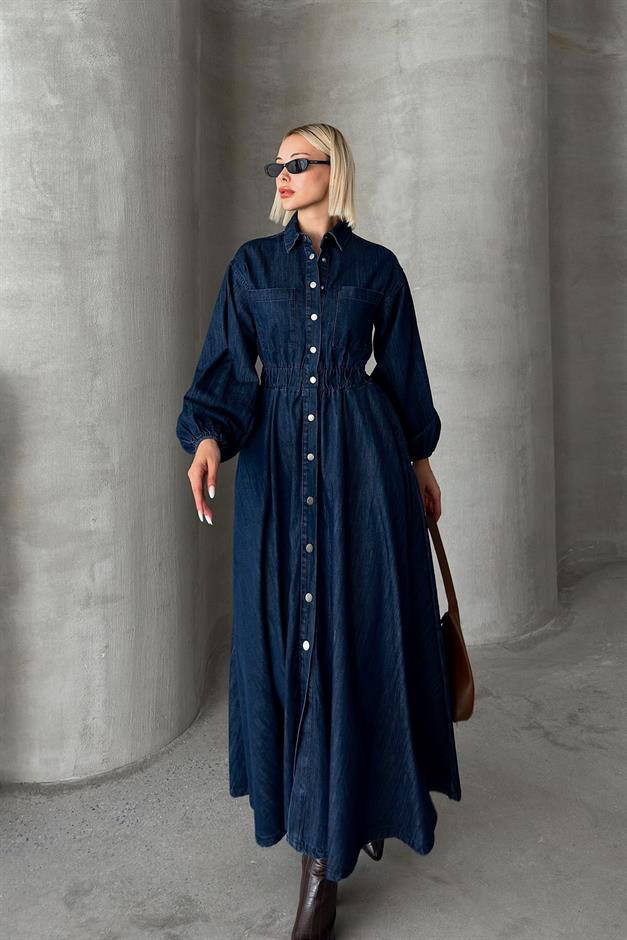 Denim Dress with Pleated Waist and Snap Closure DARK BLUE 9249-E