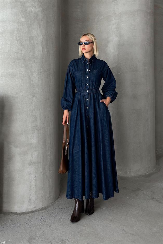 Denim Dress with Pleated Waist and Snap Closure DARK BLUE 9249-E