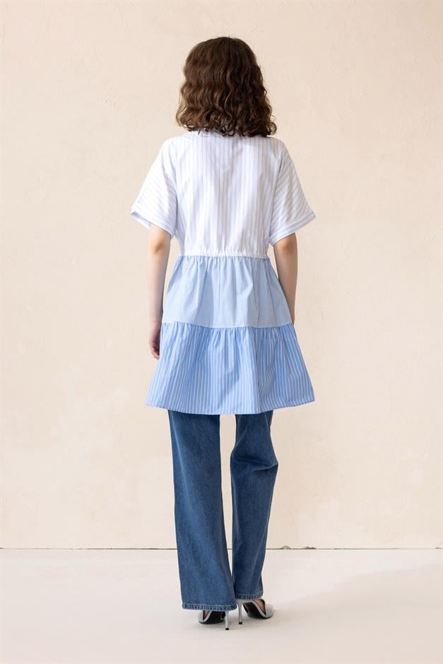 Gathered Waist Striped Short Sleeve Poplin Tunic BLUE 9282