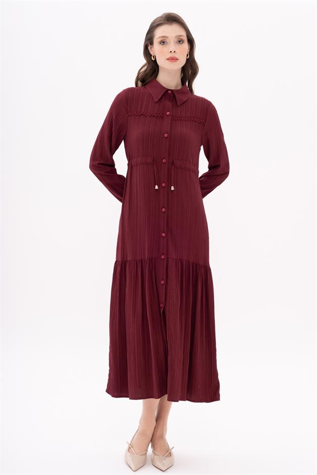 Pleated Waist Scallop Detail Dress CLARET RED 9324-E