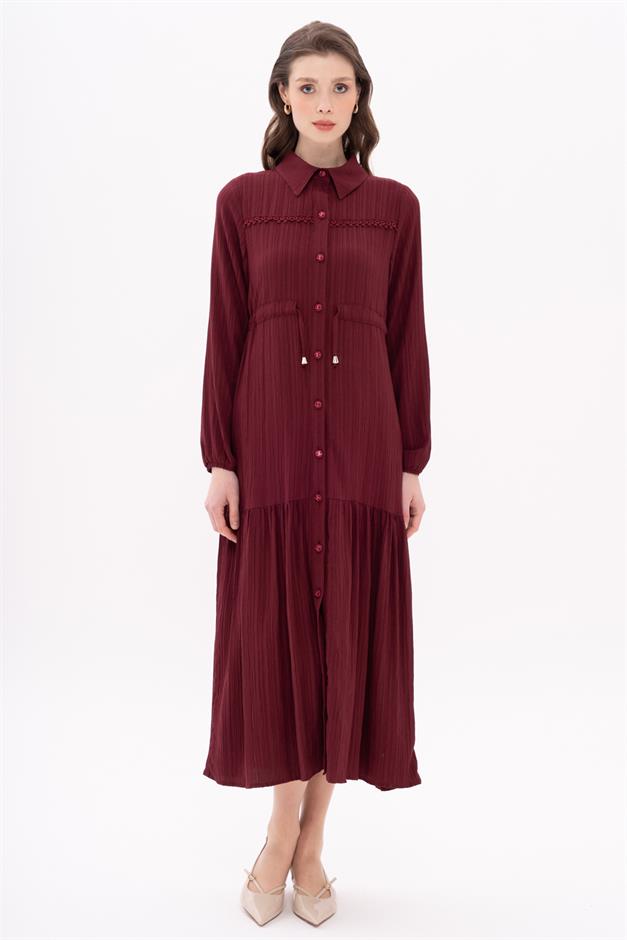 Pleated Waist Scallop Detail Dress CLARET RED 9324-E