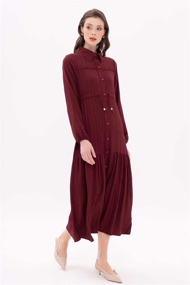 Pleated Waist Scallop Detail Dress CLARET RED 9324-E