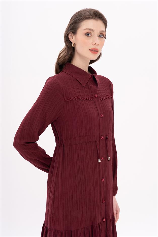 Pleated Waist Scallop Detail Dress CLARET RED 9324-E