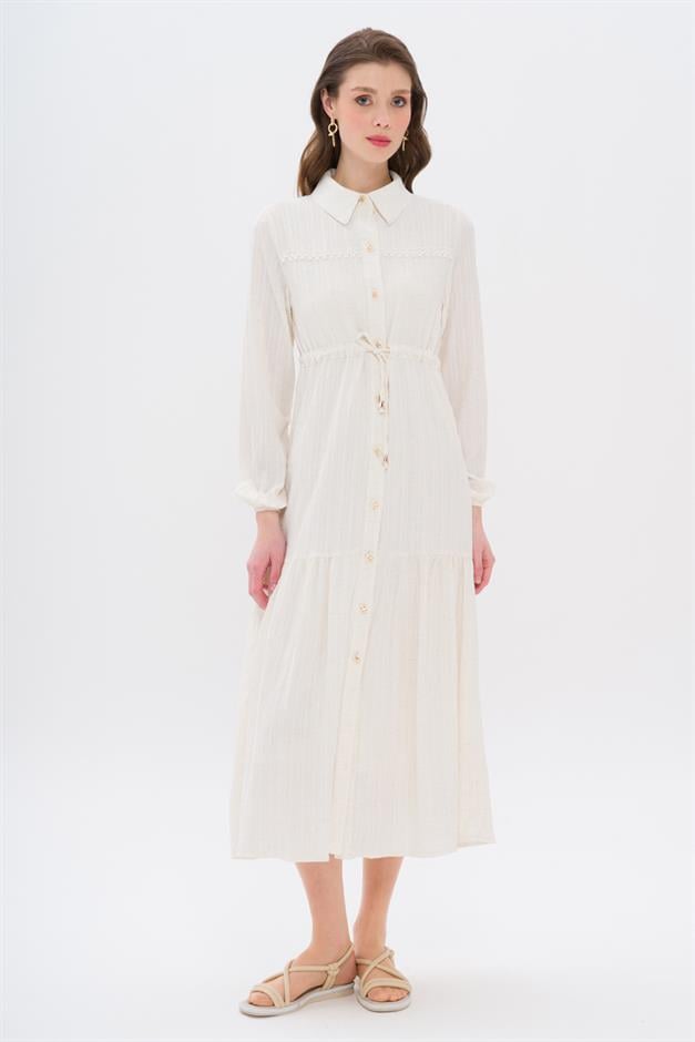 Pleated Waist Scallop Detail Dress IVORY 9324-E