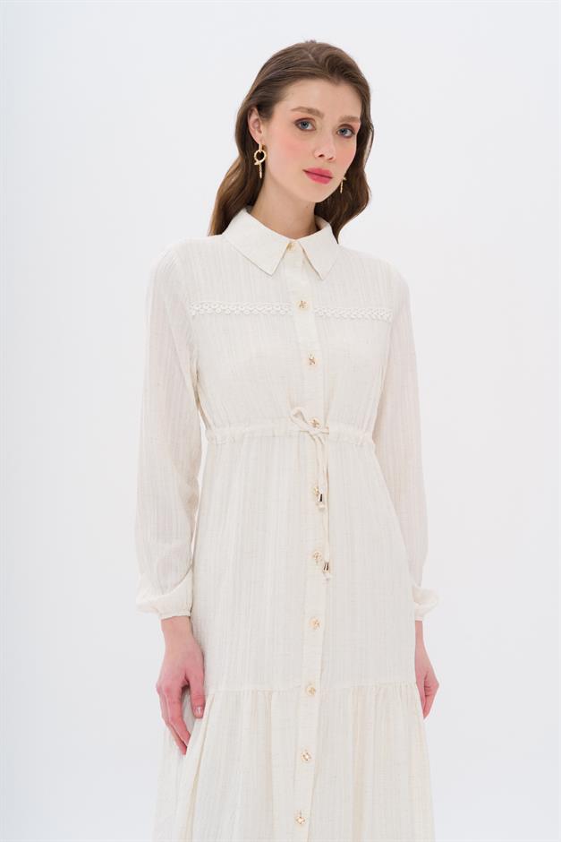 Pleated Waist Scallop Detail Dress IVORY 9324-E