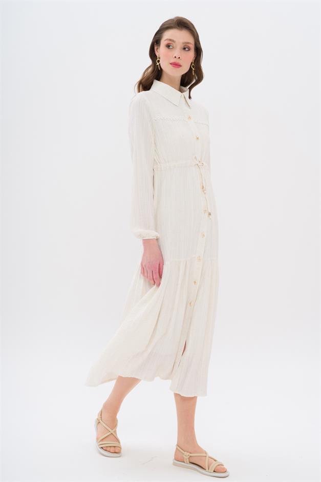 Pleated Waist Scallop Detail Dress IVORY 9324-E