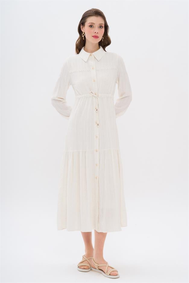 Pleated Waist Scallop Detail Dress IVORY 9324-E